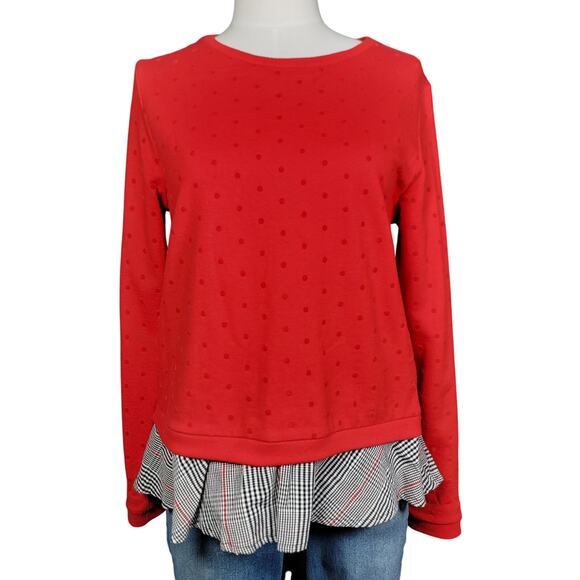 Crown & Ivy Red Raised Polka Dot Layered Look Sweater with Plaid Size Petite M - Picture 1 of 8